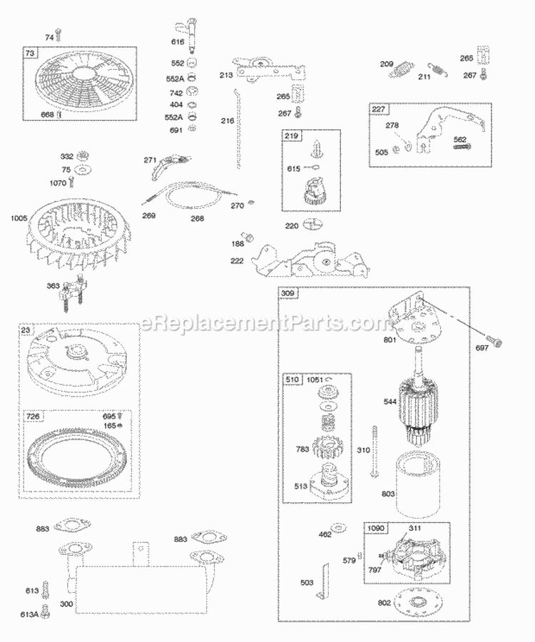 Controls Electric Starter Exhaust System Flywheel Governor Spring Diagram and Parts List for  Briggs and Stratton Engine